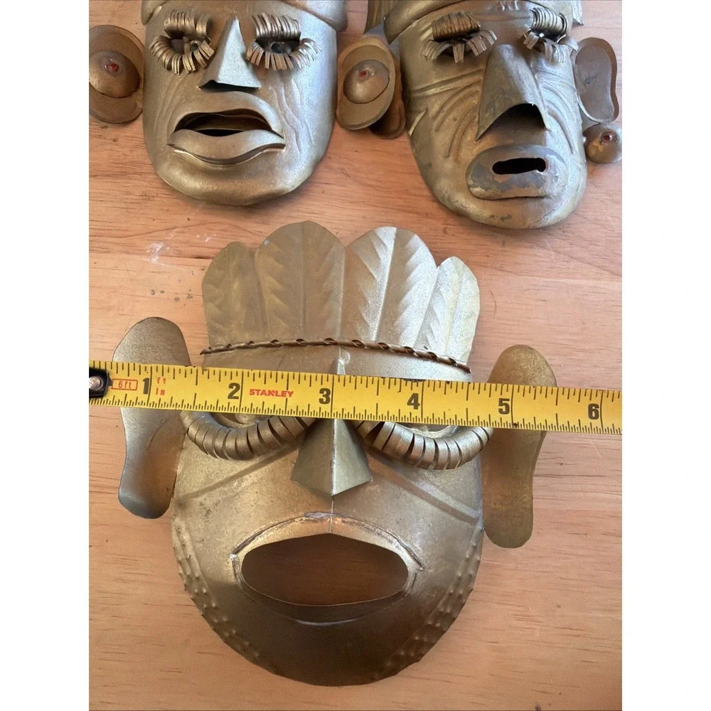 3 VNTG Mexican Tin Metal Masks Beaded Eyes Folk Art Primitive Style Tribal 6